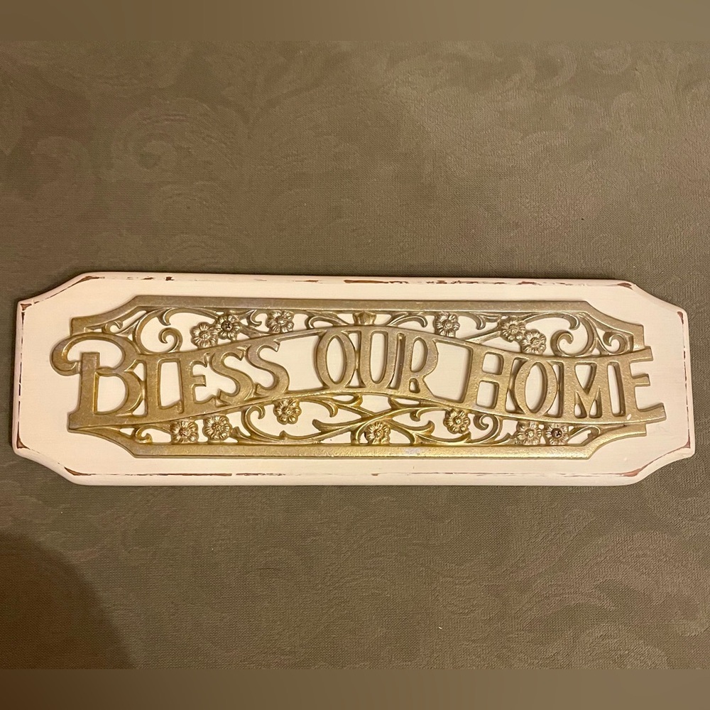 White and Gold Bless Our Home Rustic Wooden Sign